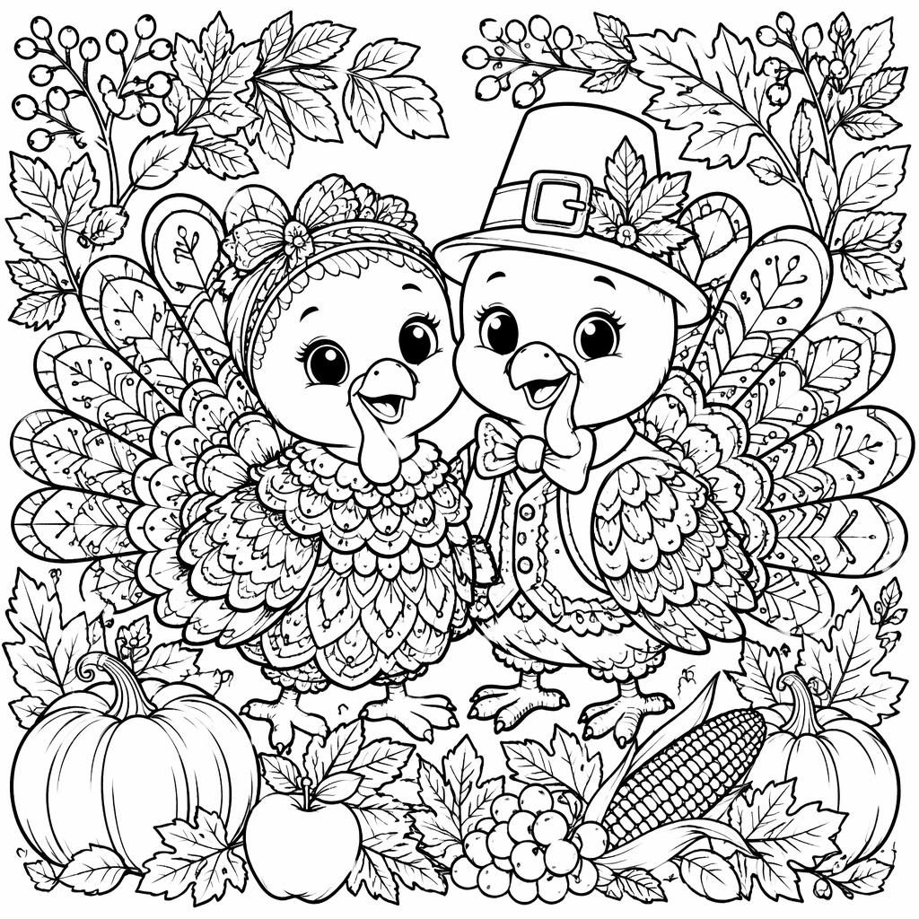 Illustration de coloriage en noir et blanc montrant une dinde de Thanksgiving avec des enfants, style botanique très détaillé.