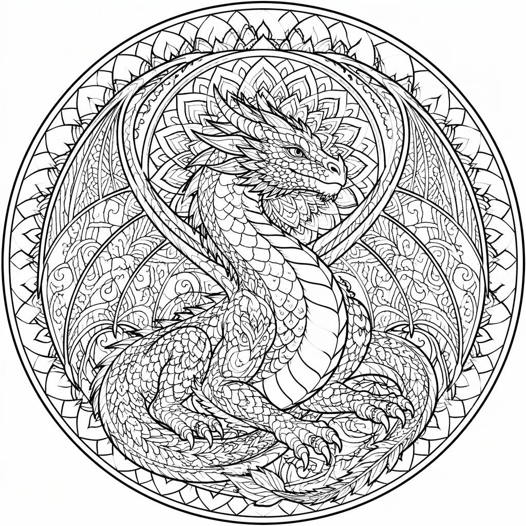 Black-and-white coloring page of an adult fantasy dragon in intricate manga-inspired mandala line art.