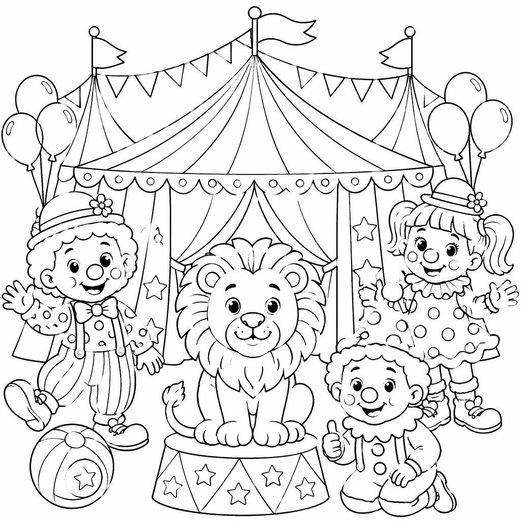 Schwarz-weiße Ausmalseite mit Zirkuszelt, Clown-Kindern und kinderfreundlichem Zirkusmotiv im Manga-Stil.