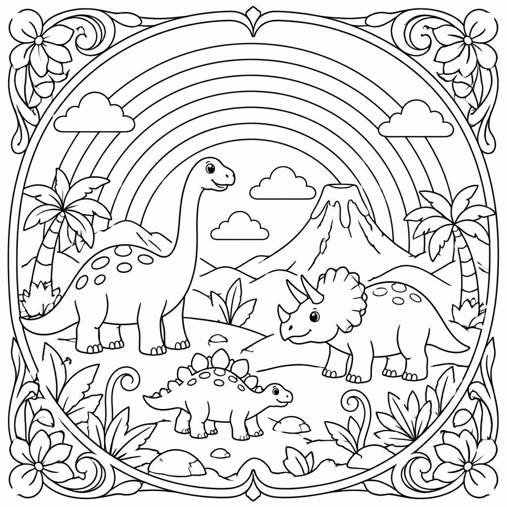 Black-and-white coloring page with kid-friendly dinosaur scenes in art nouveau line art, clean outlines on white background.
