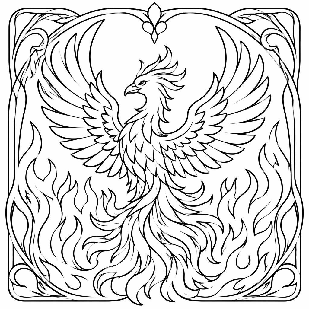 Ilustración para colorear en blanco y negro de un fénix de llamas, con contornos simples y estilo art nouveau.