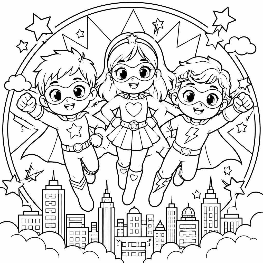 Illustration noir et blanc de kids super-héros style manga, en line-art détaillé, prête à colorier.