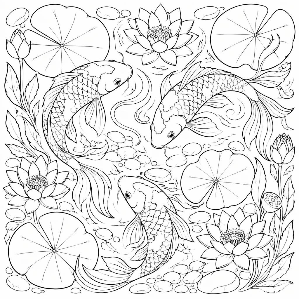 Illustration noir et blanc style manga d’un étang à koi détaillé pour adultes, en contours nets à colorier.