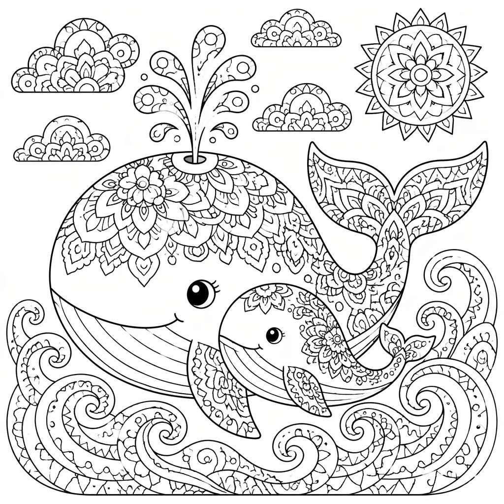 Ilustración en blanco y negro de una ballena madre con su cría, estilo mandala, con contornos limpios para colorear.