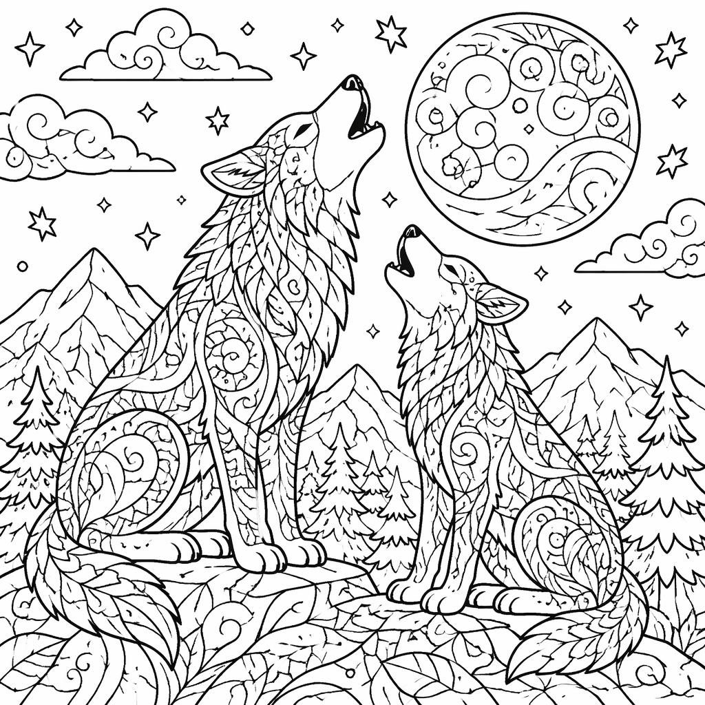 Schwarz-weiße Ausmalbild-Illustration mit heulenden erwachsenen Wölfen vor dem Mond im Zentangle-Stil.
