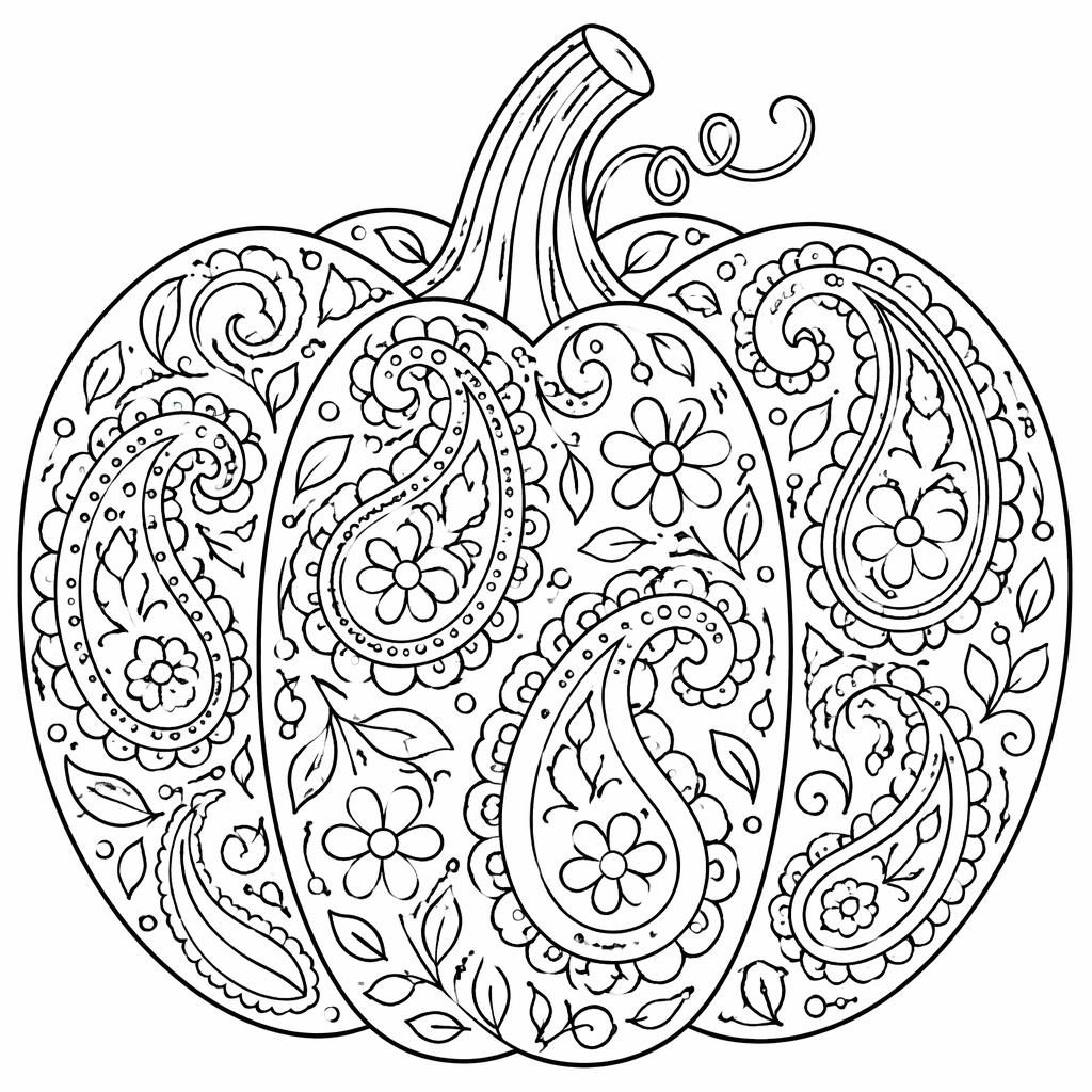 Schwarz-weiße Ausmalbild-Vorlage mit einfachen Paisley-Mustern als klare Line-Art auf weißem Hintergrund.