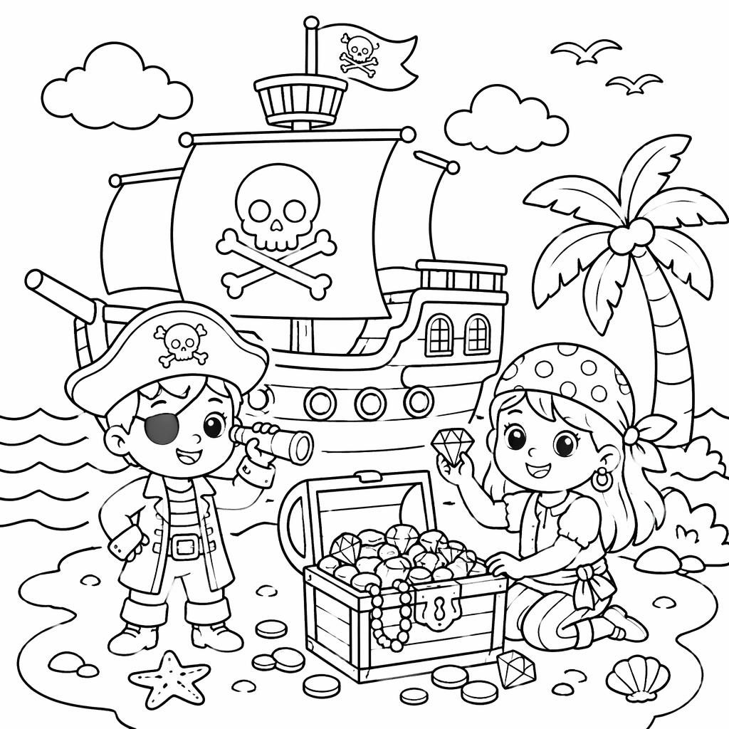 Illustration noir et blanc d’un bateau pirate avec coffre au trésor, style coloriage simple pour enfants.