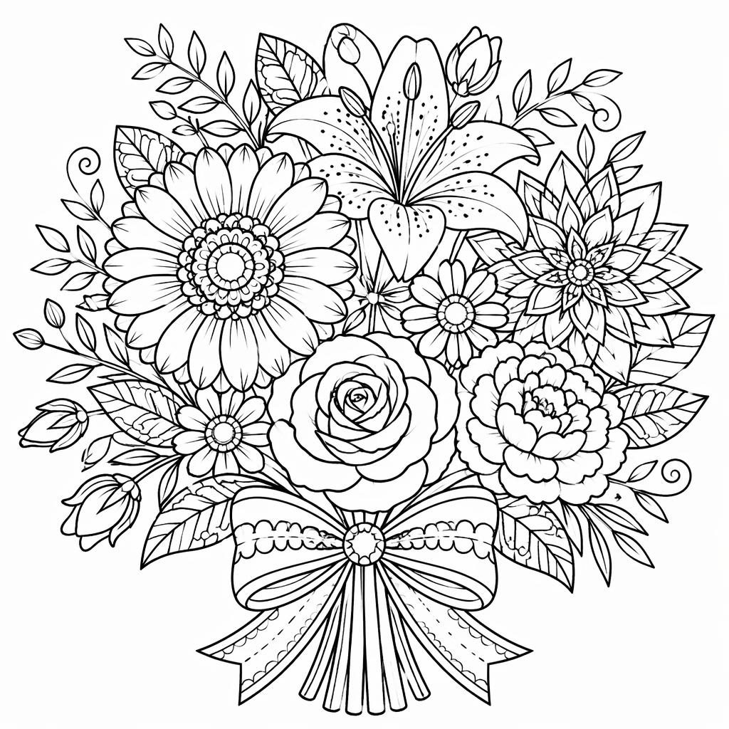 Schwarz-weiße Ausmalbild-Illustration eines detailreichen Blumenstraußes im Mandala-Stil mit klaren Konturen.