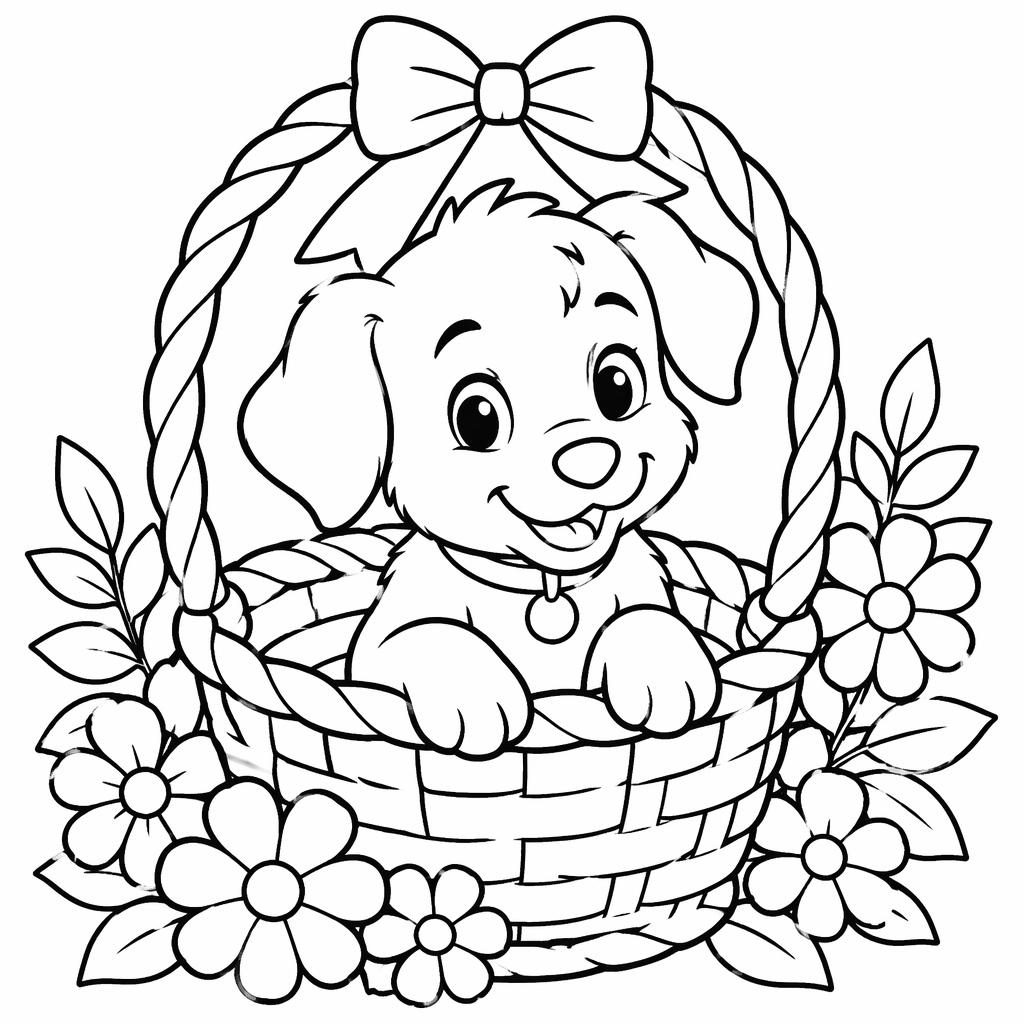 Schwarz-weiße Ausmalbild-Illustration mit einem Welpen in einem Korb, kinderfreundlich, mit einfachen botanischen Details.
