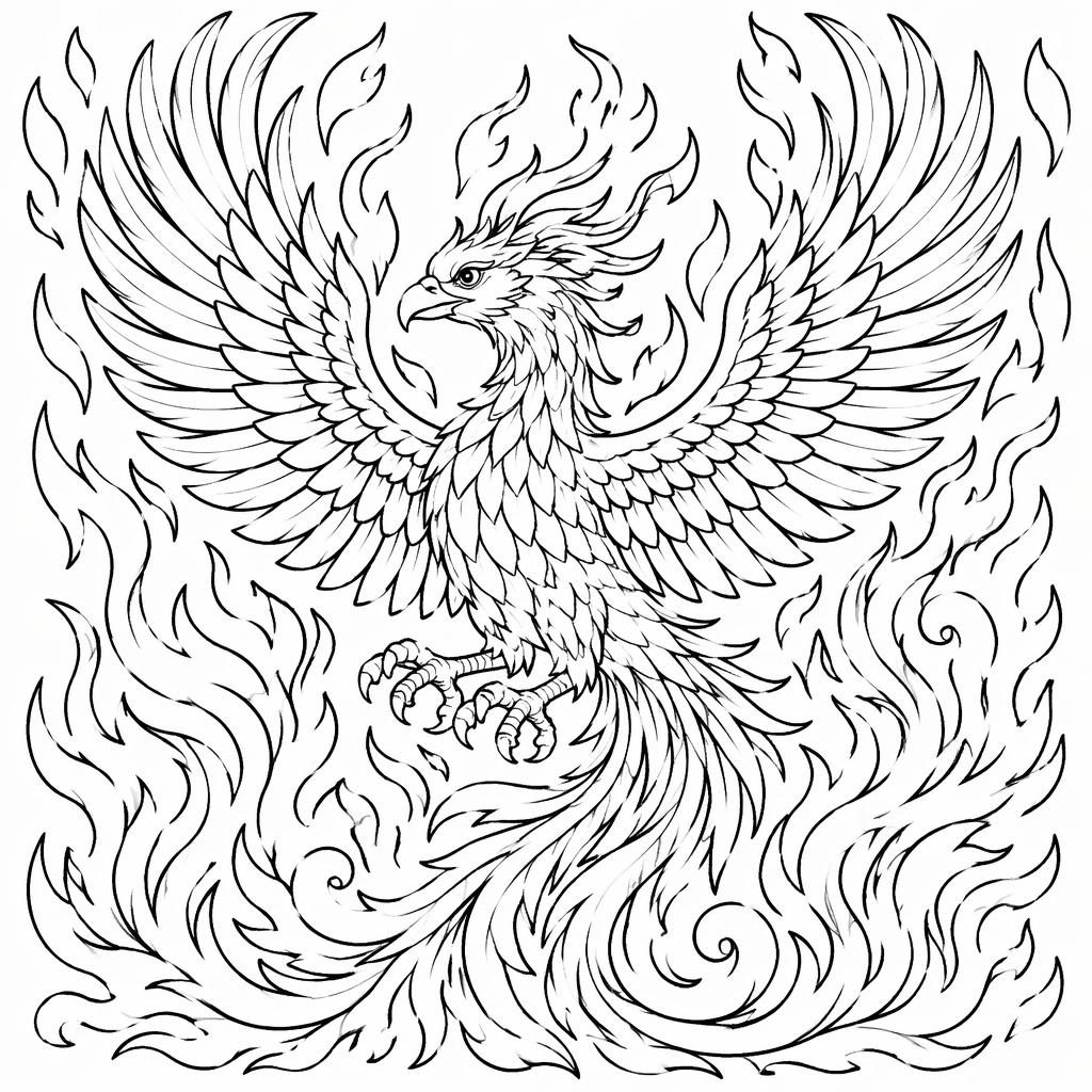 Ilustración para colorear en blanco y negro de un fénix adulto con llamas, contornos limpios y fondo blanco.