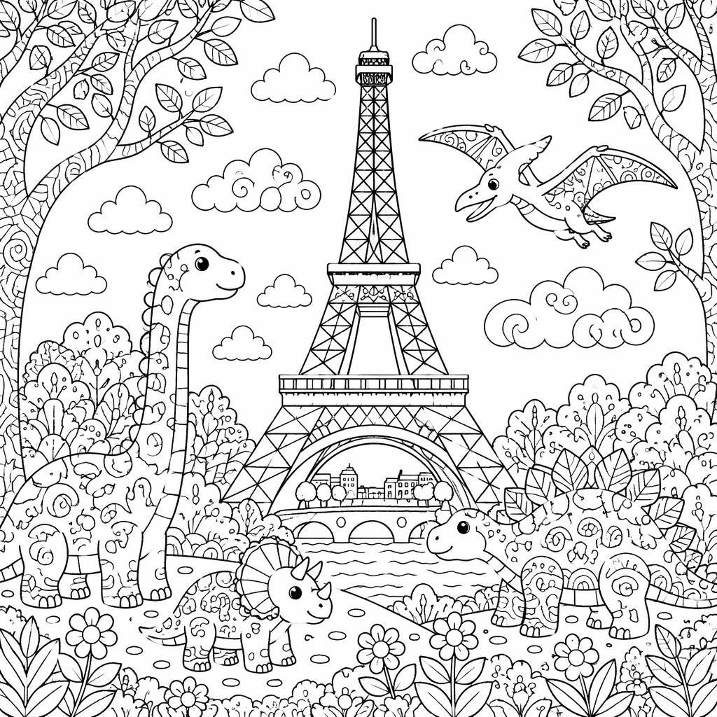 Illustration noir et blanc à colorier avec scènes de dinosaures pour enfants, détails zentangle et contours nets.