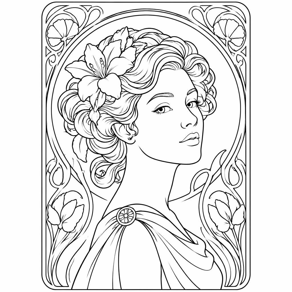 Portrait de femme art nouveau en noir et blanc, en line art simple, contours fermés sur fond blanc.