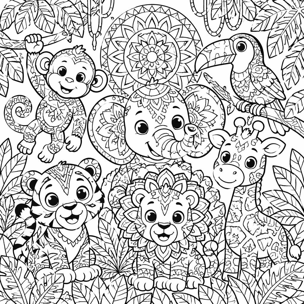 Illustration noir et blanc à colorier avec animaux de la jungle pour enfants, style mandala détaillé, contours nets.