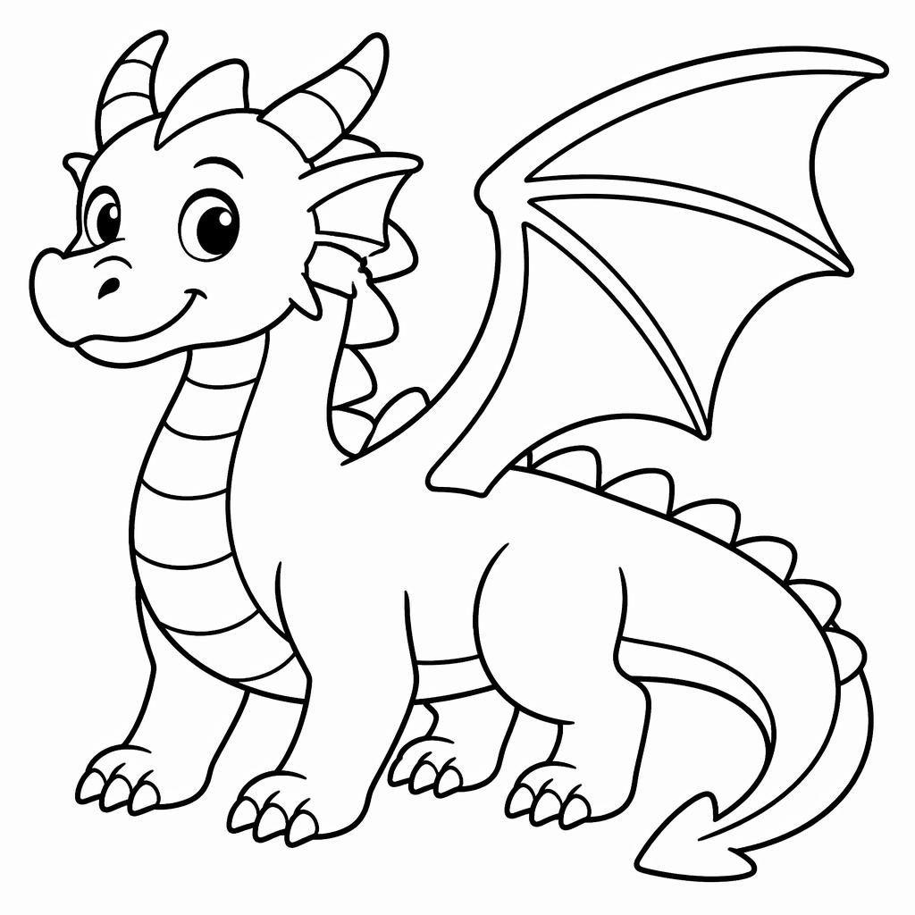 Illustration en noir et blanc d’un dragon fantastique adulte, mignon, en style cartoon simple à gros contours.