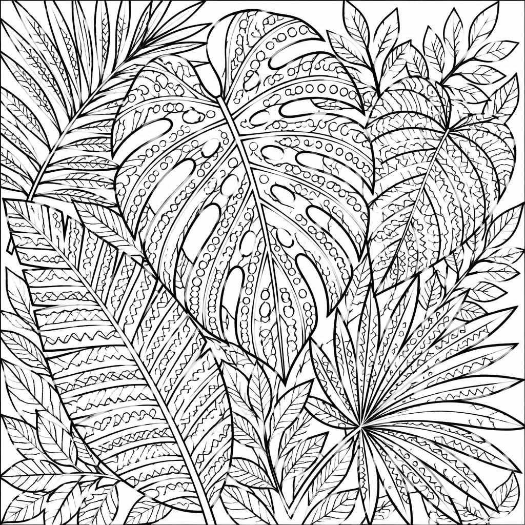 Schwarz-weißes Ausmalbild mit tropischen Blättern im Zentangle-Stil, klare Konturen auf weißem Hintergrund.