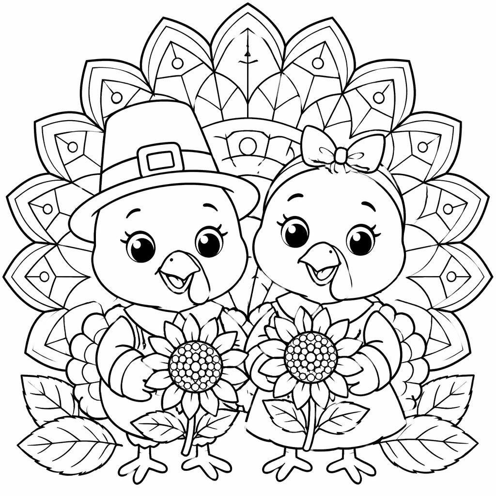 Black-and-white coloring page of kid-friendly Thanksgiving turkeys with sunflower and mandala-style geometric outlines.