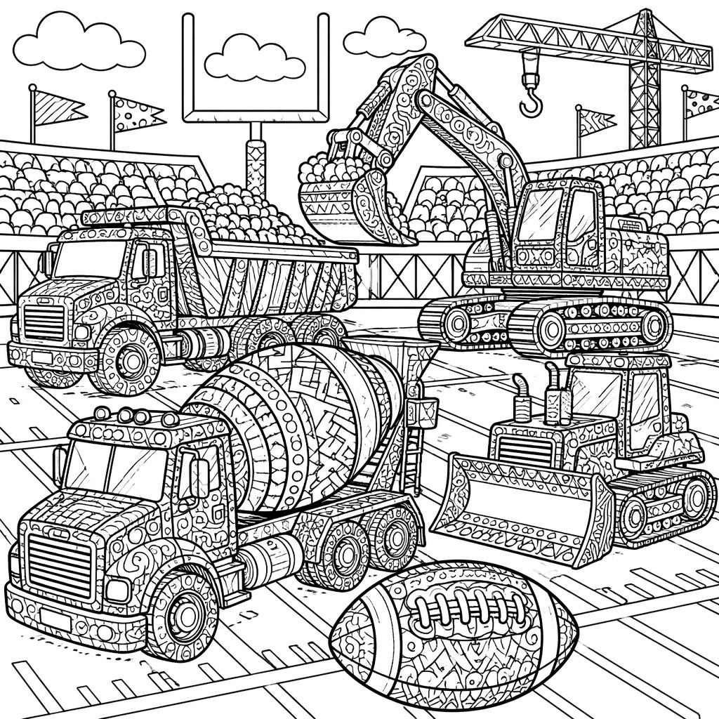Black-and-white coloring page showing kids with construction trucks in intricate zentangle line art on a white background.