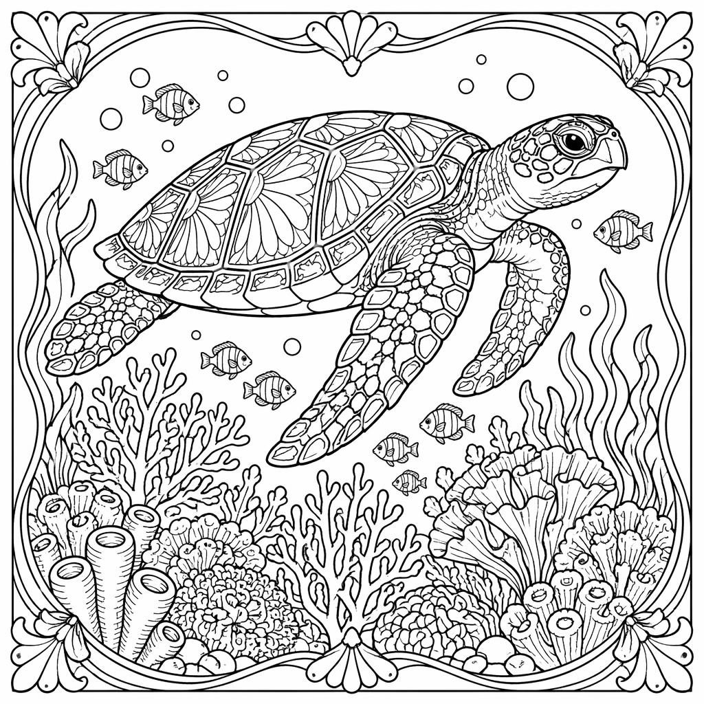 Ilustración para colorear en blanco y negro de una tortuga marina adulta en arrecife, con líneas limpias estilo art nouveau.