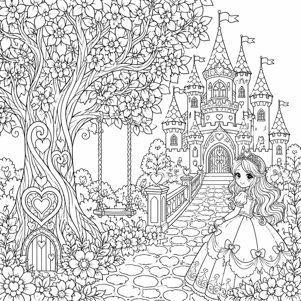 Ilustración para colorear en blanco y negro con castillo de princesa, niños y árbol, estilo manga de líneas limpias.
