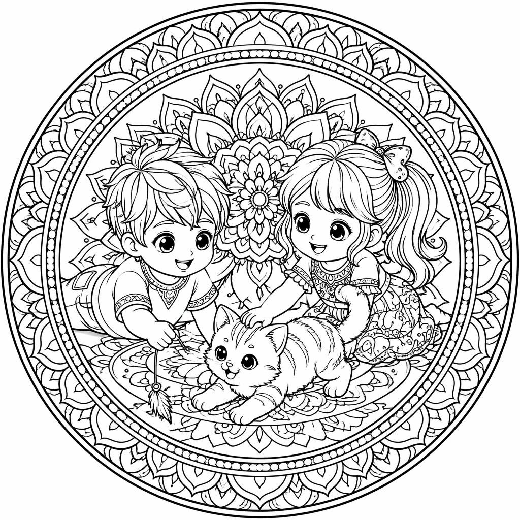 Ilustración para colorear en blanco y negro de un gato con niños jugando, con detalles intrincados estilo manga.