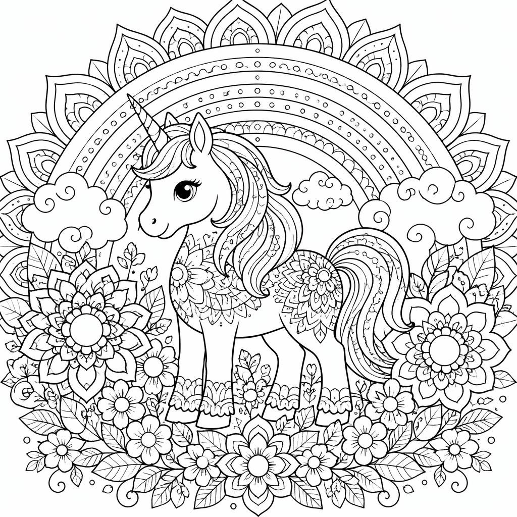 Ilustración para colorear en blanco y negro de un unicornio con arcoíris y detalles tipo mandala flores.
