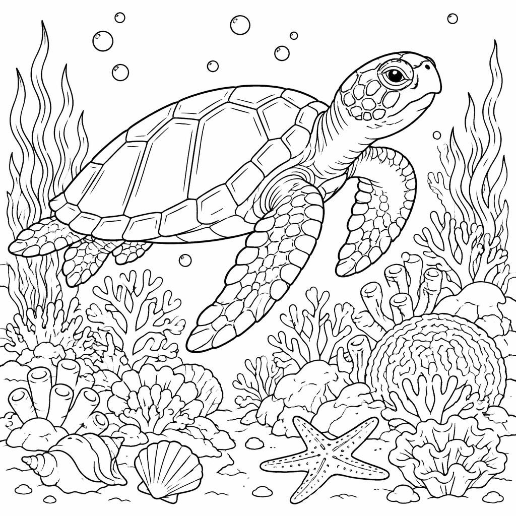 Ilustración para colorear en blanco y negro de una tortuga marina adulta en un arrecife, con contornos limpios.