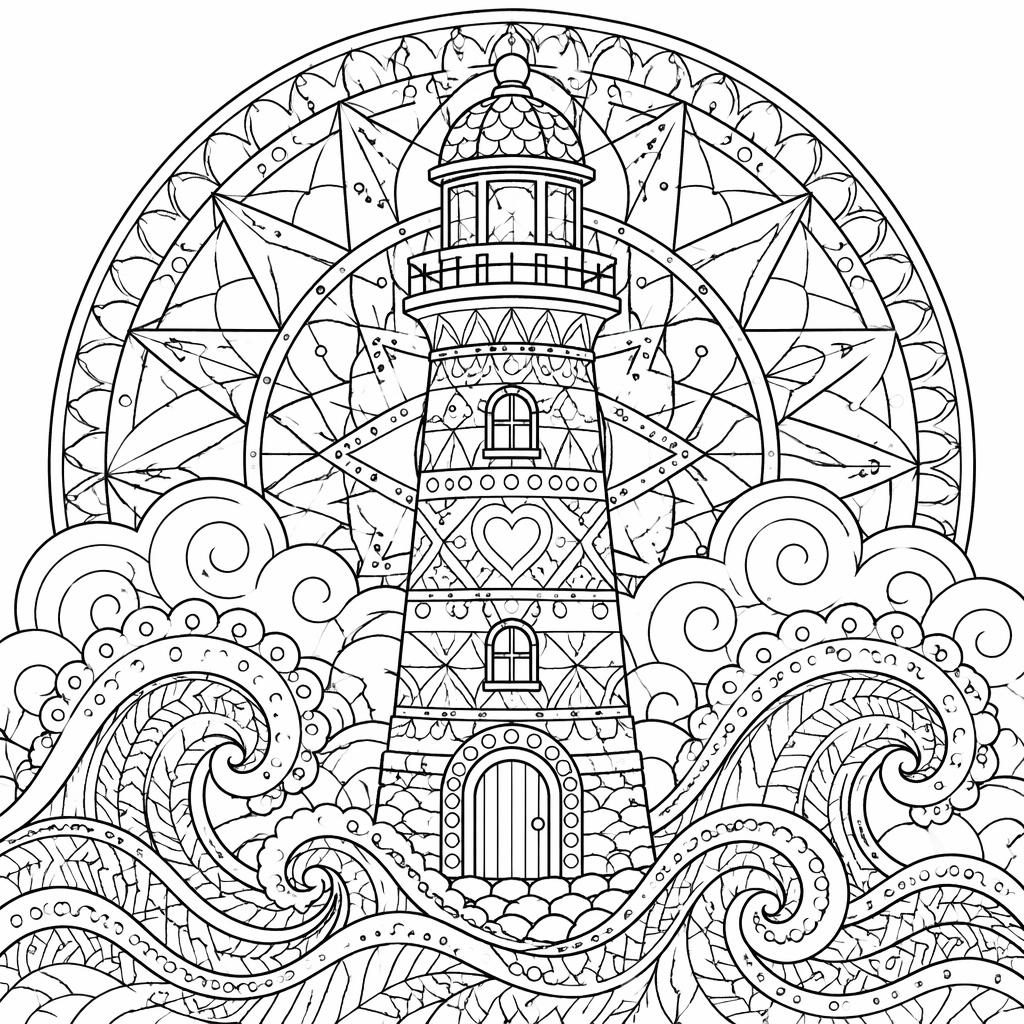 Black-and-white coloring page of a detailed lighthouse with swirling ocean waves in intricate mandala-style line art.