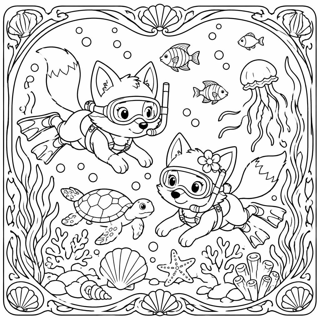 Schwarz-weiße Ausmalbild-Illustration einer kindgerechten Unterwasser-Ozeanszene im Jugendstil mit klaren Konturen.