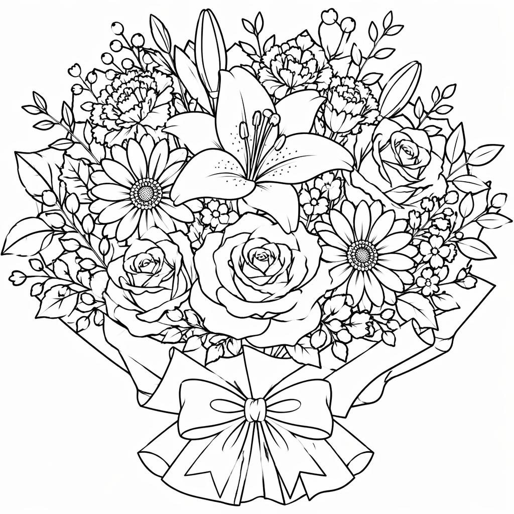 Schwarz-weiße Ausmalbild-Illustration eines detaillierten Blumenstraußes im niedlichen Cartoon-Linienstil