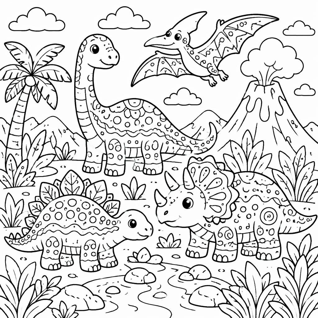 Illustration noir et blanc à colorier avec scènes de dinosaures pour enfants, contours simples, style mandala doodle