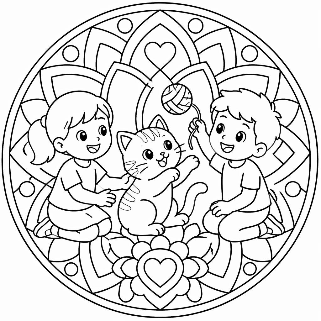 Illustration noir et blanc à colorier, style mandala simple, avec un chat joueur et des enfants en contours nets.
