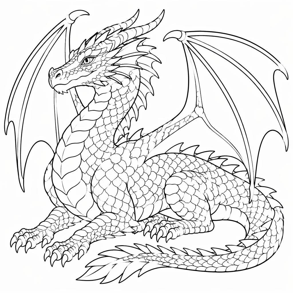 Ilustración para colorear en blanco y negro de un dragón fantástico adulto con contornos limpios y fondo blanco.