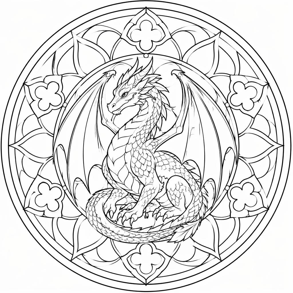 Illustration en noir et blanc d’un dragon fantasy adulte dans une rosace, style manga, contours nets à colorier.