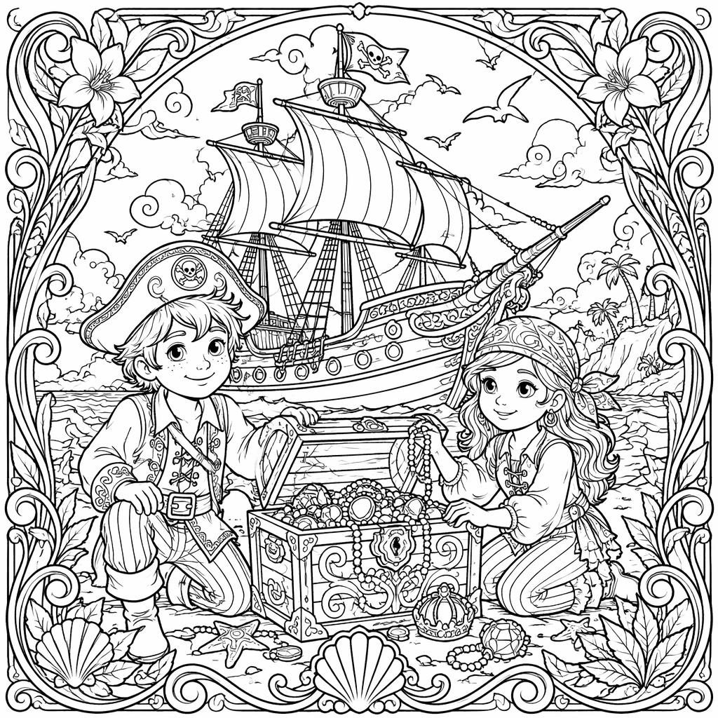 Schwarz-weiß-Ausmalbild mit Piratenschiff, Schatz und kindgerechten Details im Jugendstil als Line-Art