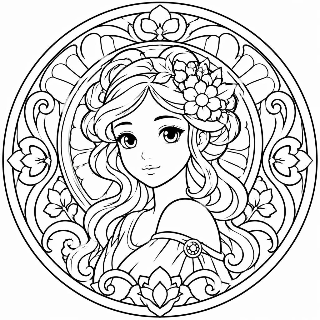 Portrait de femme art nouveau en noir et blanc, style manga, contours épais, illustration à colorier pour enfants