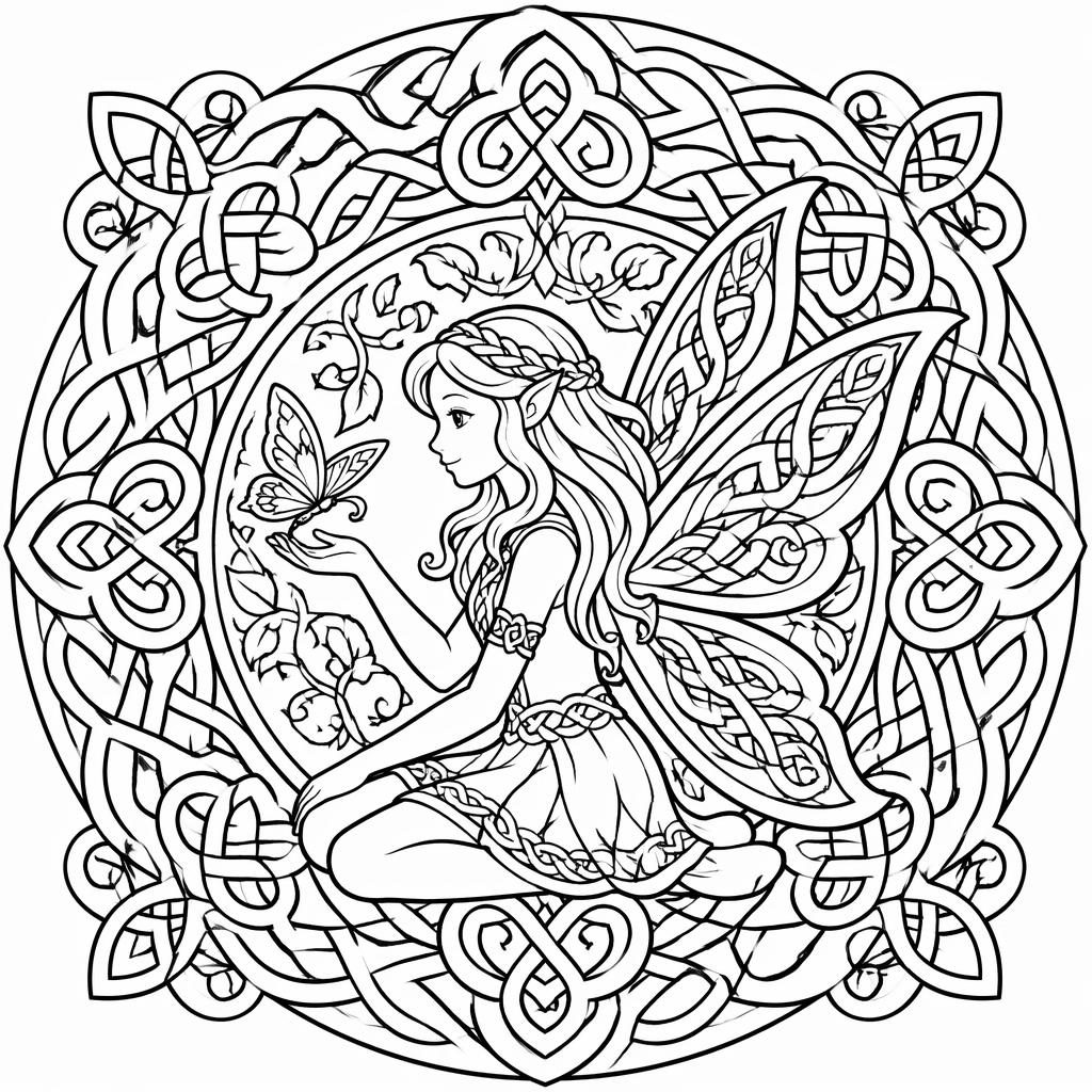 Schwarz-weiße Ausmalseite mit filigranen keltischen Knoten im Mandala- und Zentangle-Stil für Kinder
