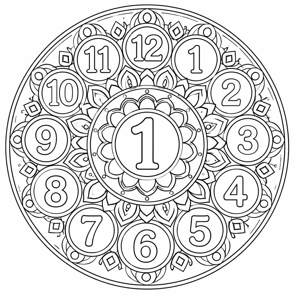 Schwarz-weiße Mandala-Malvorlage mit geometrischen Formen, klaren Konturen und detailreichem Cartoon-Stil.