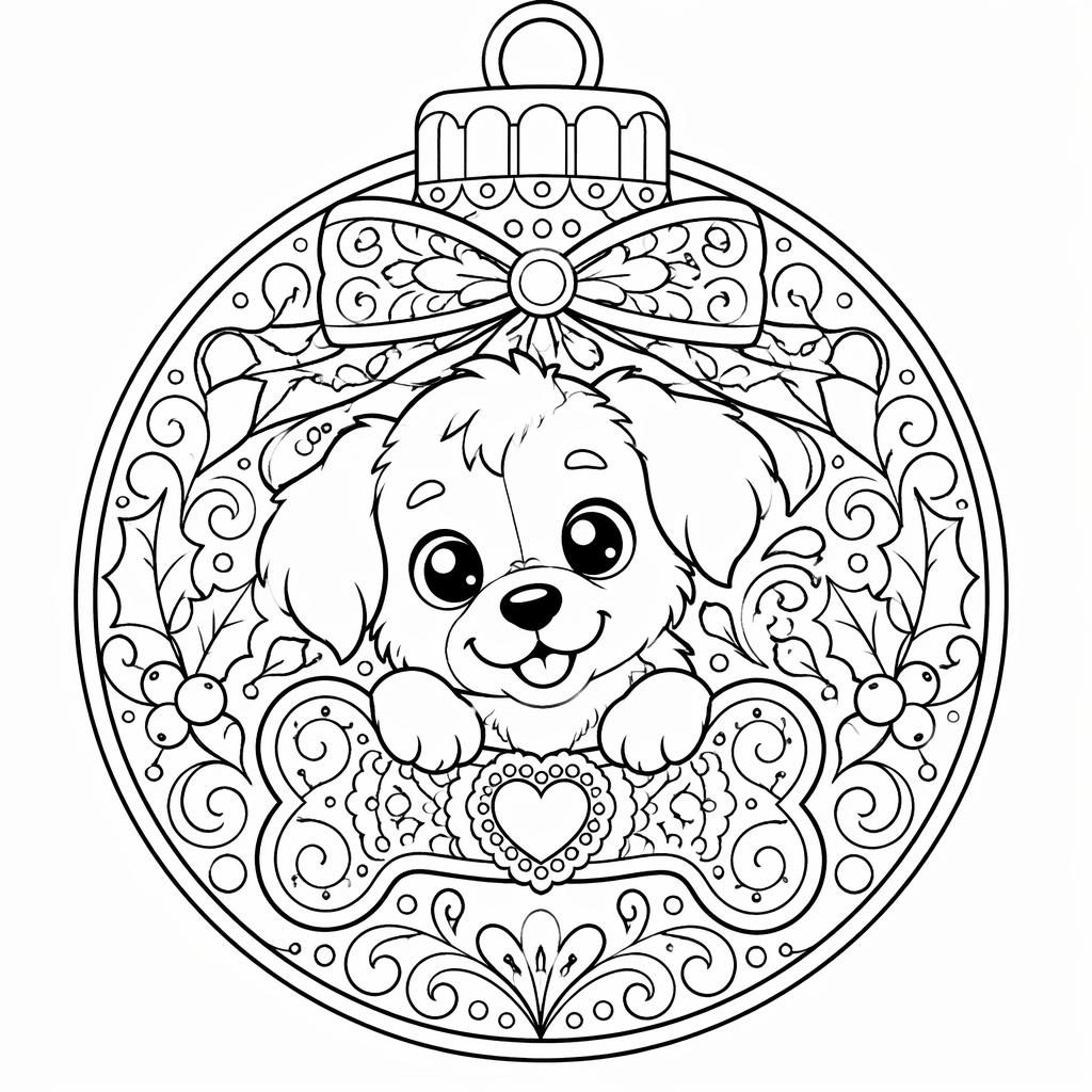 Schwarz-weiße Ausmalseite mit süßem Hund und Knochen im detailreichen Manga-Linienstil auf weißem Hintergrund.