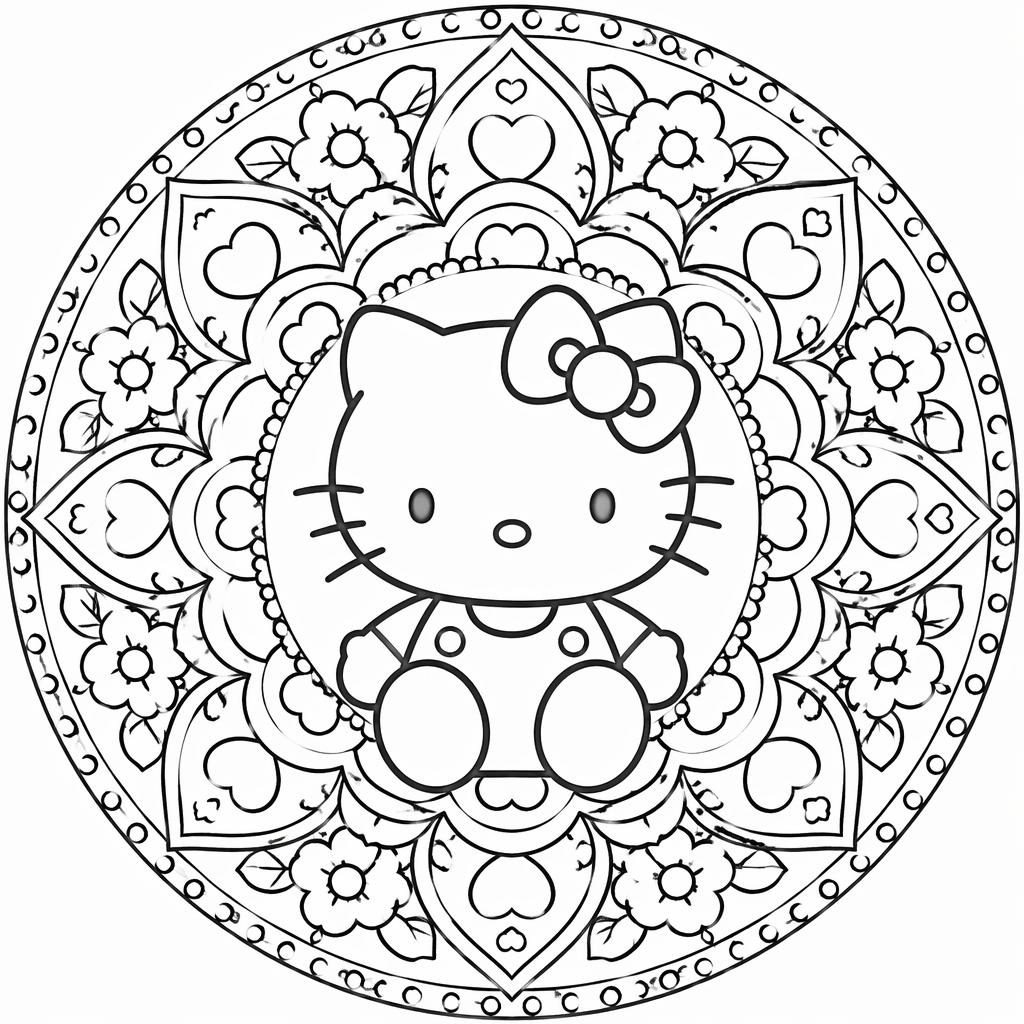 Černobílá mandala s jemnými manga liniemi, uzavřené tvary na bílém pozadí, omalovánka pro děti 11+.