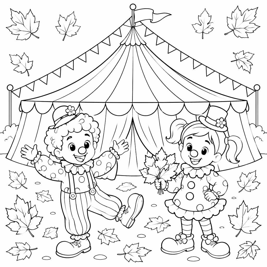 Ilustración para colorear en blanco y negro de una carpa de circo con niños payasos, estilo lineal limpio.
