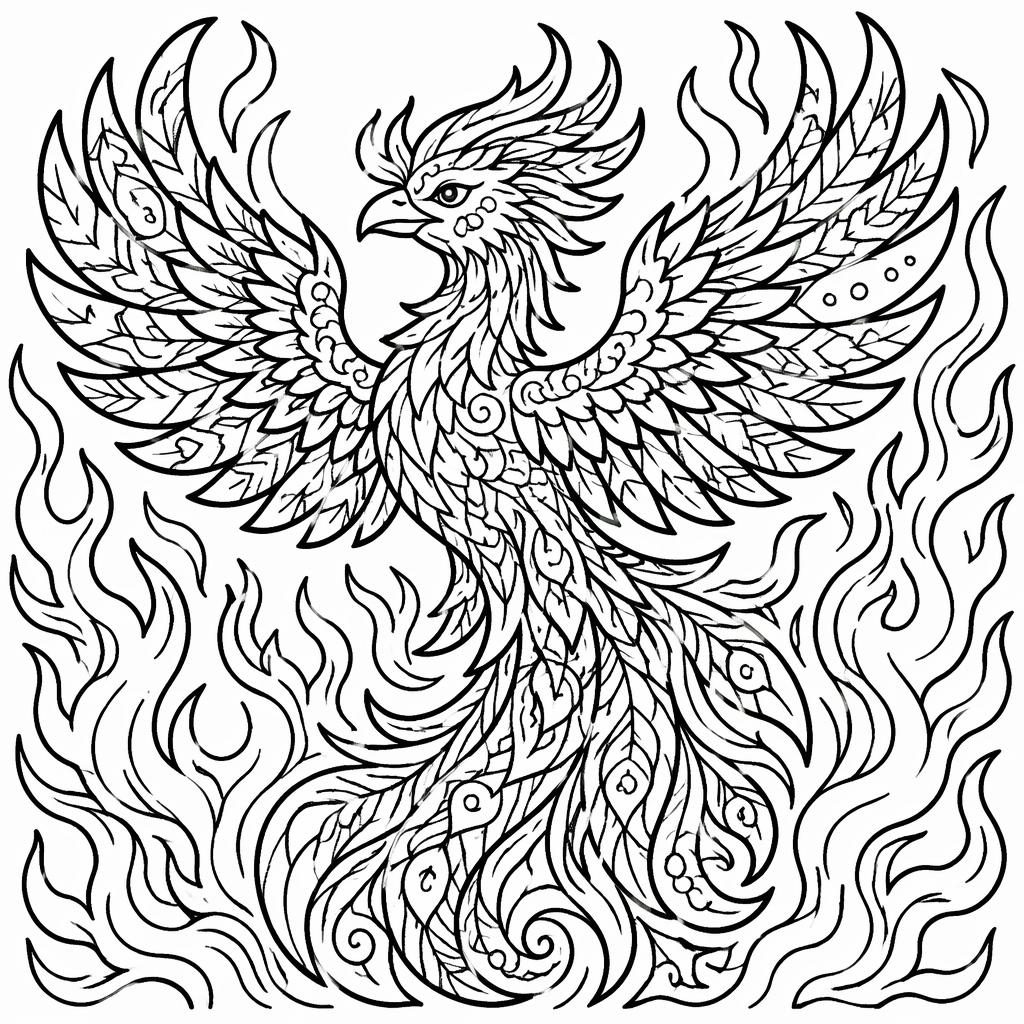 Schwarz-weiße Ausmalseite mit einem Phönix in Flammen, detailreich im Zentangle-Stil, klare Konturen auf weißem Hintergrund.