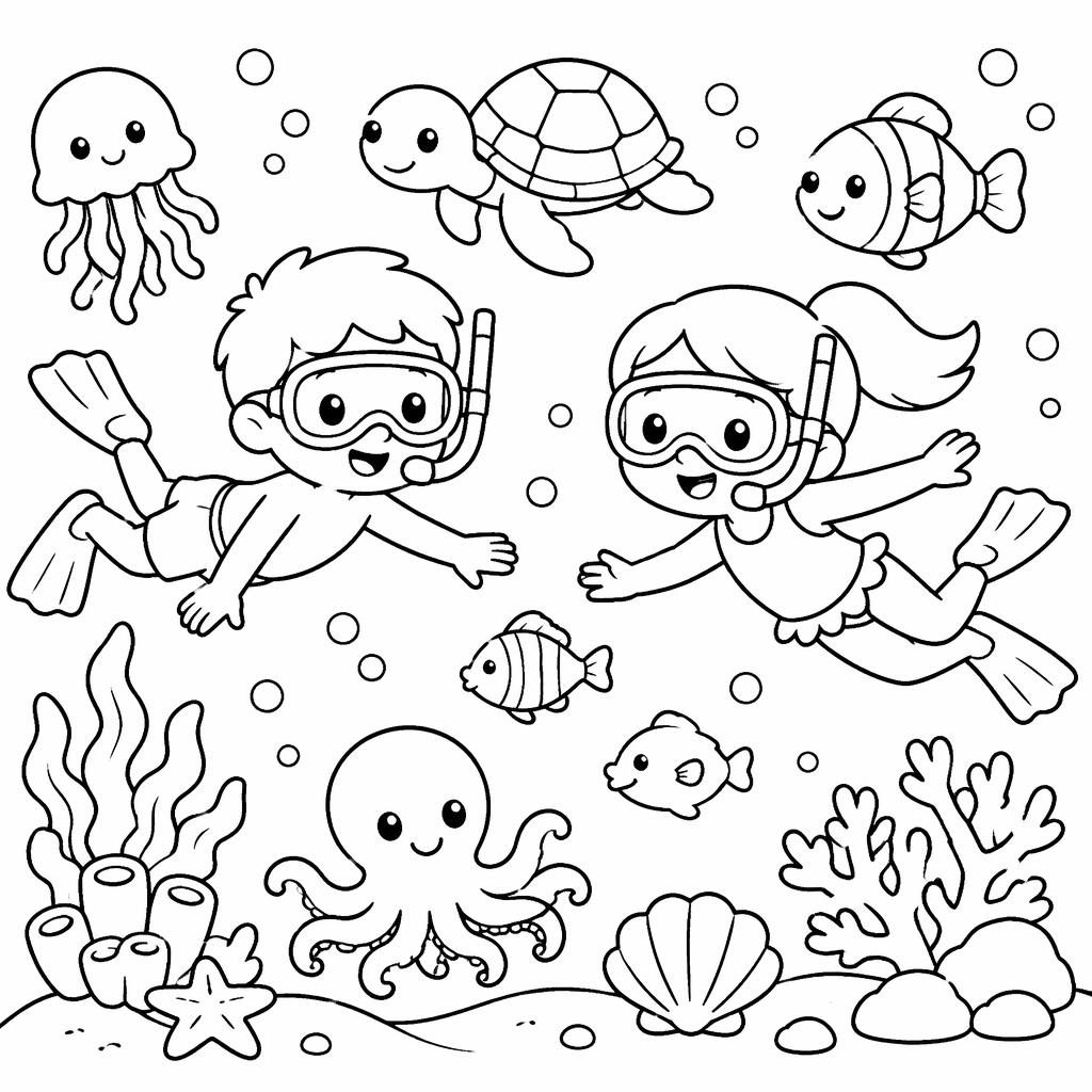 Illustration noir et blanc d’un chat mignon sous l’océan, avec poissons, bulles et algues en style coloriage simple.