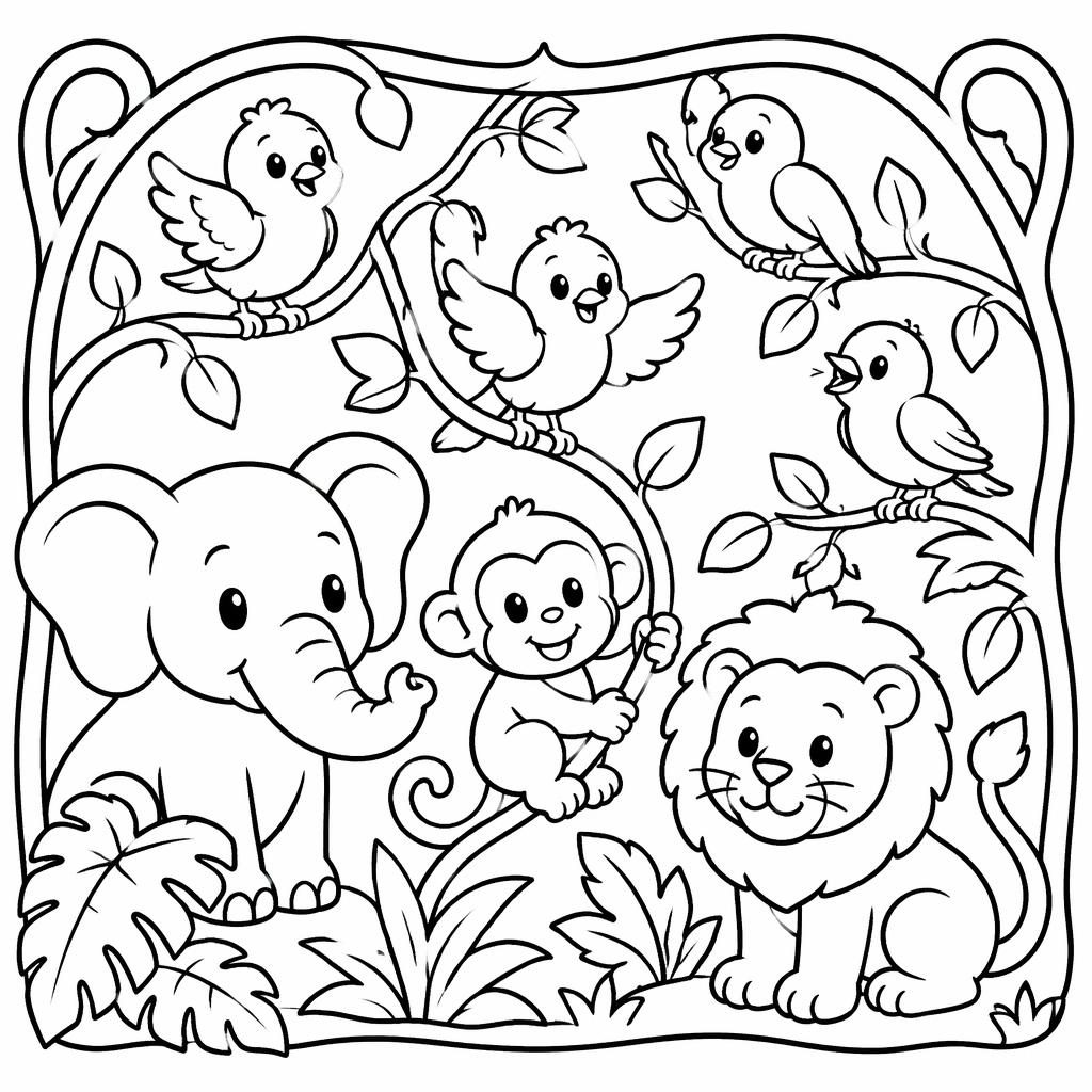 Ilustración en blanco y negro con pajaritos y animales de jungla para niños, líneas gruesas y formas simples.