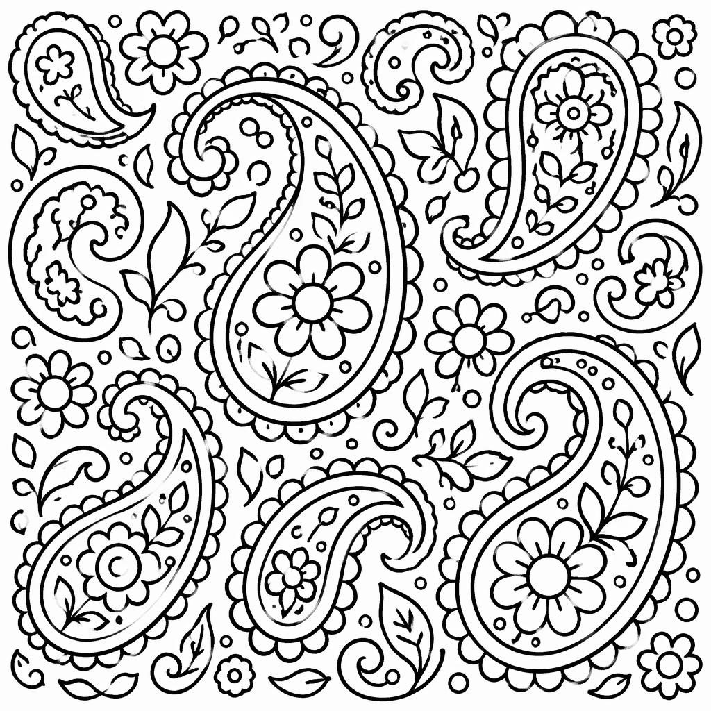 Página para colorear en blanco y negro con patrones paisley intrincados, líneas gruesas y formas cerradas.
