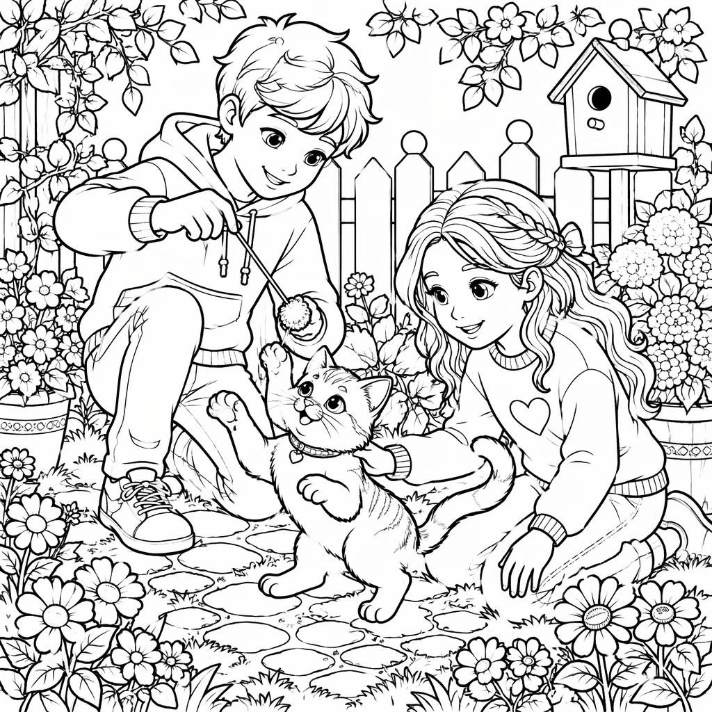 Black-and-white coloring page with a cute cartoon cat playing with kids in clean printable line art.