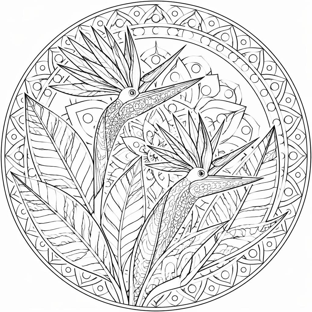 Schwarz-weiße Ausmalseite mit detailreichen Paradiesvögeln im Mandala-Stil, klare Konturen auf weißem Hintergrund.