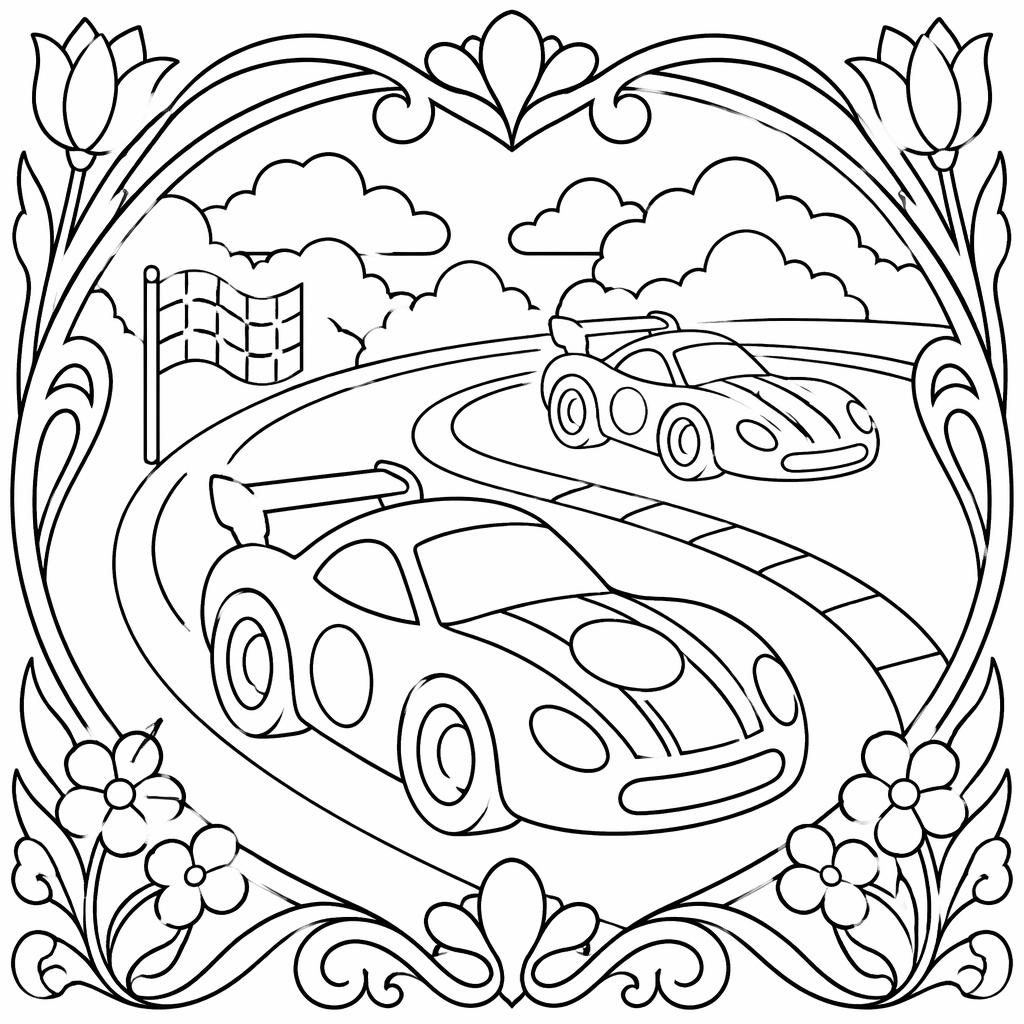 Schwarz-weiße Ausmalseite mit kindgerechten Rennwagen im Art-Nouveau-Linienstil, klare Konturen auf weißem Hintergrund.