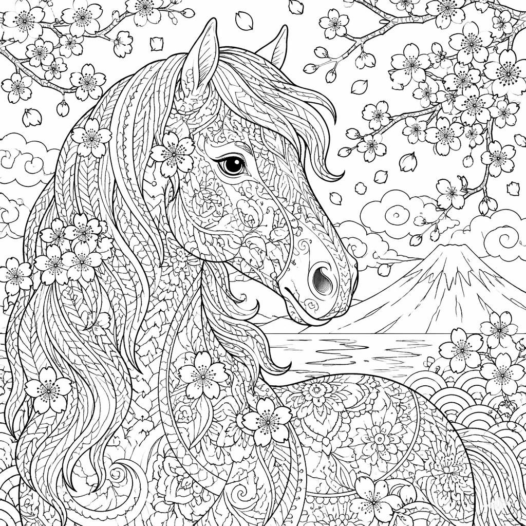 Illustration à colorier en noir et blanc de fleurs de cerisier japonaises, style zentangle détaillé pour adultes.