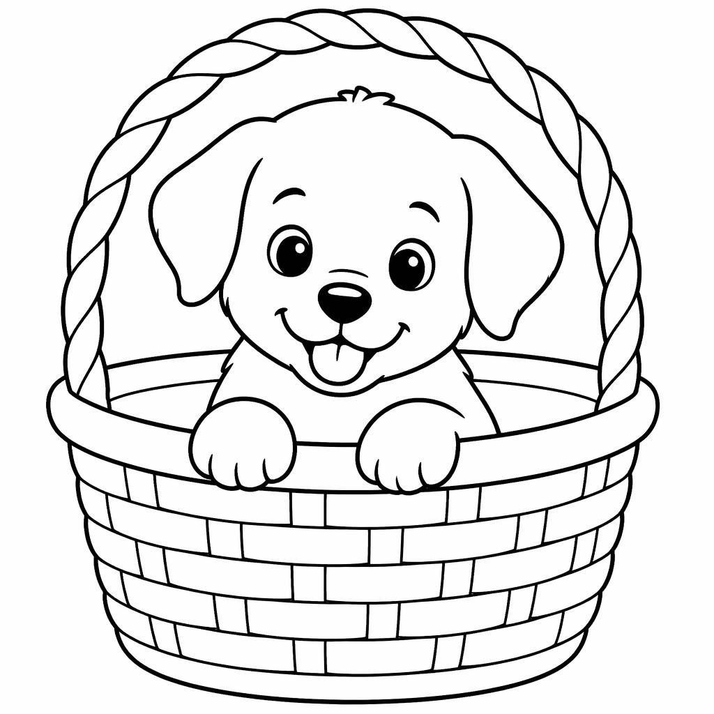 Ilustración para colorear en blanco y negro de un cachorro dentro de una canasta, estilo simple para niños.