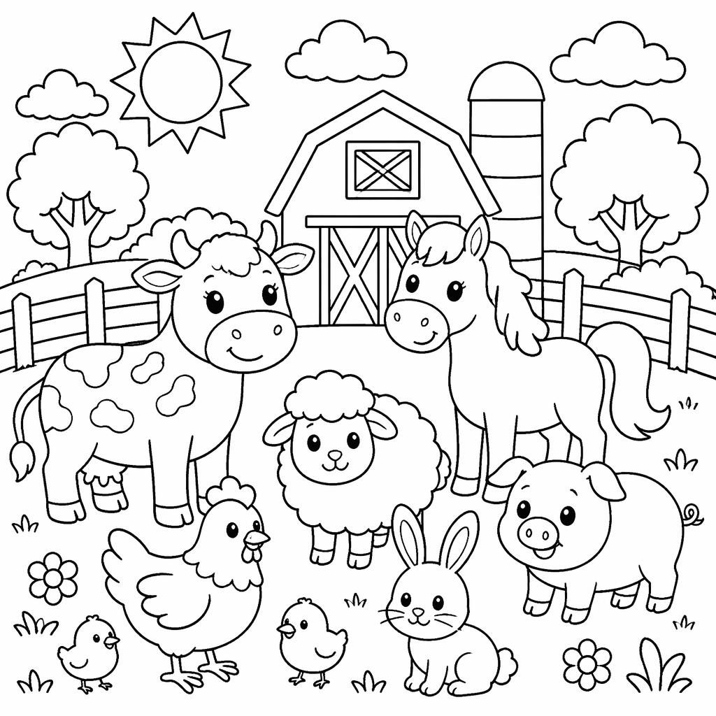 Illustration à colorier en noir et blanc avec animaux de la ferme mignons pour enfants, style cartoon simple.